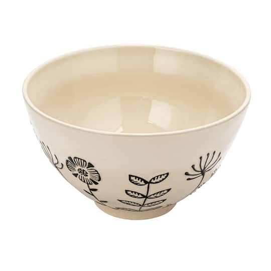 Hello Honey® 12" Cream & Black Embossed Flowers Hand-Painted Stoneware Serving Bowl